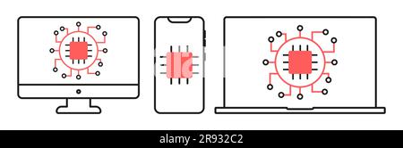 New chip technology for devices. Laptop, computer and phone with updated software Stock Vector