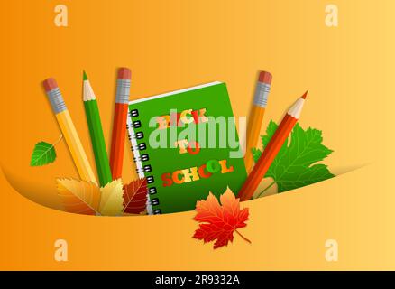 Concept of return to school, knowledge day, September 1, school supplies in a pocket, multi-colored bright stationery. On white background with shadow Stock Vector