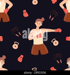 Seamless pattern with girls athletes boxers and sports equipment on black background. Vector illustration in flat cartoon style Stock Vector