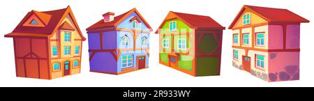 Old medieval germany town building vector set. European german city street house cartoon clipart collection. Bavaria landmark isometric exterior cityscape. Isolated timber victorian mansion png Stock Vector