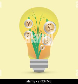 Plant with coins from different countries in an electric bulb Stock Vector