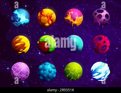 Cartoon alien fantasy space planets. Vector colorful fantastic galaxy ui game asteroids. Cosmic world objects with holes, frozen ice, pimples, green toxic goo, craters and glowing lava on surface Stock Vector