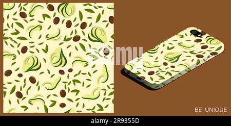 Modern smartphone in unique case decorated Avocado fruit seamless pattern with leaves and seeds. Avocado wedges and slices. Isometric top view. Vector Stock Vector