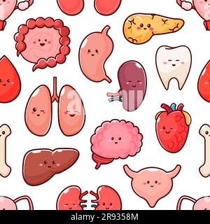 Cartoon body organ characters seamless pattern, vector background. Funny anatomy pattern with happy human organs and bones, heart and brain with kidney or liver, gallbladder and pancreas background Stock Vector