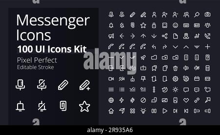 Messenger application pixel perfect white linear ui icons kit for dark theme Stock Vector