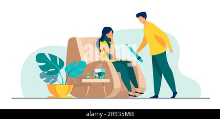 Woman in scarf catching cold and suffering from flu Stock Vector
