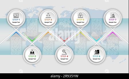 7 step circle infographic is linked by a zigzag tube and a 7 different colors arrow with description, with a global map behind it. Stock Vector