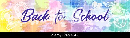 Back to school 2023 horizontal banner. Colorful design with brushing strokes and ink spots. Isolated vector mask. Handwritten style text. Coloured Stock Vector