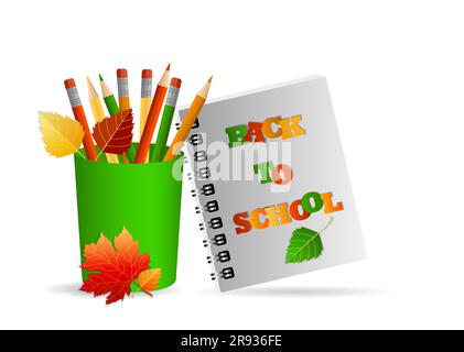 Concept of return to school, knowledge day, September 1, school supplies in a pocket, multi-colored bright stationery. On white background with shadow Stock Vector
