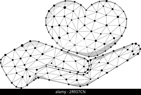 Heart in hand wireframe black vector icon isolated on white background. Organ donation, save lives and people support line and dots concept. Hand hold Stock Vector