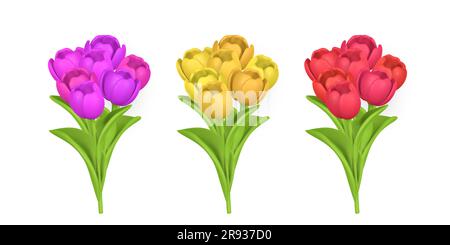 3D Cute spring bunch of tulips in cartoon style. Vector illustration. Stock Vector