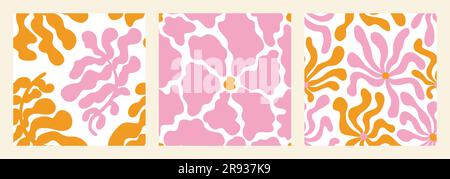 Curve Matisse Aesthetic Pattern Set. Abstract Groovy Flowers and Leaves in Hippie 1970 style. Naive Vector Illustration in Pink and Orange Colors. Backgrounds for T-Shirts, Wallpaper, Case Phone. Stock Vector