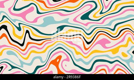 Abstract psychedelic groovy background. Colorful ripple waves on beige horizontal backdrop. Trippy distorted banner template in retro style of 70s-80s Stock Vector