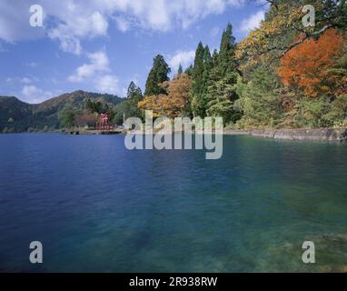 Lake Tazawa and Ozaishi Shrine Stock Photo