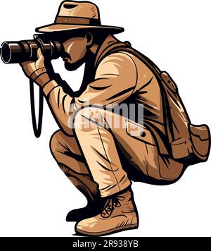 man searching with camera over white Stock Vector