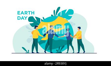 People walking around globe and holding each other by hands Stock Vector