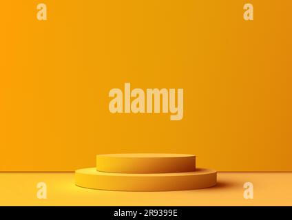 3D realistic empty yellow podium stand on yellow background. Use for mockup display beauty cosmetic presentation, showcase, showroom, product stand pr Stock Vector