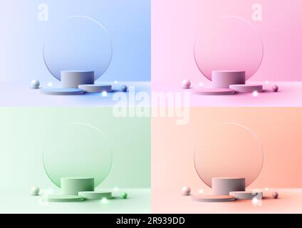 Set of 3D realistic empty group of podium stand with glass circle backdrop decoration and sphere light balls on pastel colors background. Product disp Stock Vector
