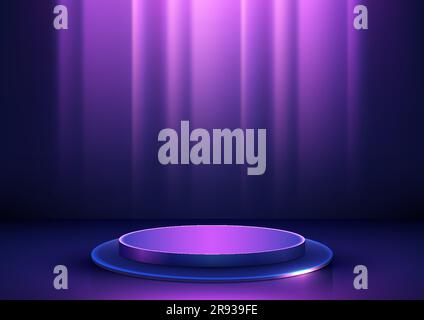 3D realistic empty neon colors podium on dark blue background technology style. Product display for banner mockup, showroom, showcase, presentation, e Stock Vector