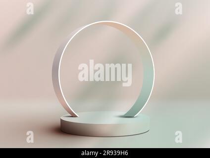 3D realistic beige color podium platform with circle frame backdrop minimal wall scene on clean background. Display for spa and beauty, cosmetic produ Stock Vector