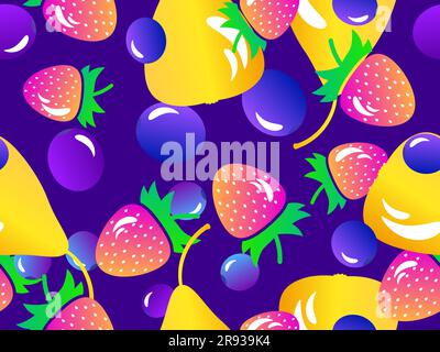 Pears, strawberries and blueberries in 3d style seamless pattern. Summer mix with strawberries, blueberries and pears with gradient. Design for wallpa Stock Vector