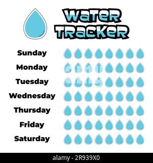 Daily water tracker balance calendar. Habit tracker concept and for effective planning. Drinking enough water, hydration challenge. Cute character in retro groove style. Stock Vector