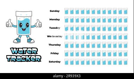 Daily water tracker balance calendar. Habit tracker concept and for effective planning. Drinking enough water, hydration challenge. Cute character in retro groove style. Stock Vector