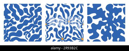 Matisse Blue Aesthetic Pattern Set. Abstract Groovy Flowers and Leaves in Hippie 1970 style. Naive Vector Illustration in Blue and Orange Colors. Backgrounds for T-Shirts, Wallpaper, Case Phone. Stock Vector