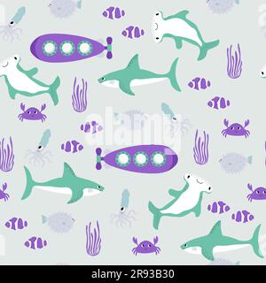 Vector seamless pattern with shark,submarine,crab,squid,hammerhead fish,fugu,.Underwater cartoon creatures.Marine background.Cute ocean pattern for Stock Vector
