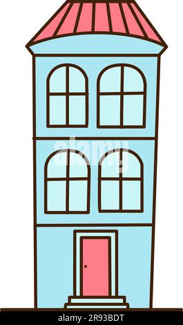 Street landscape icon. Blue two story house with dark red roof. Modern architecture, exterior. Private property and real estate, city. Graphic element Stock Vector