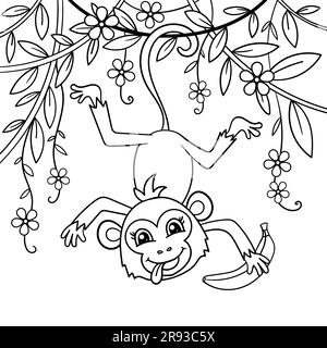 A funny cartoon monkey hangs on a branch with a banana. Black and white linear drawing. For children's design of coloring books, prints, posters, post Stock Vector