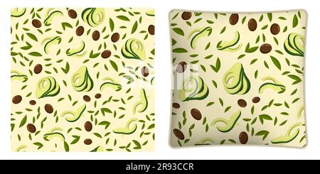 Square decorative pillow, bedroom accessory decorated Avocado fruit seamless pattern with leaves and seeds. Avocado wedges and slices. Vector ornament Stock Vector
