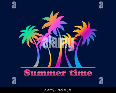 Summer time. Silhouette of gradient palm trees in 80s style on a black background. Tropical palms isolated. Design for posters, banners and promotiona Stock Vector