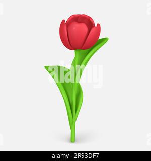 3D Cute colorful spring flower tulip in cartoon style for bouquet or decoration. Vector illustration. Stock Vector