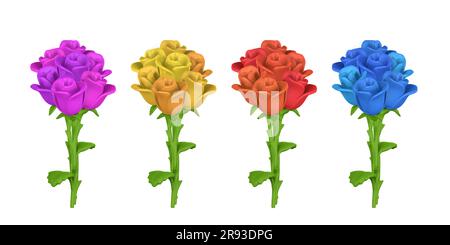 3D flower. Cute bouquet of roses in cartoon style. Vector illustration ...