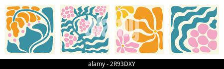 Matisse Naive Poster Set. Abstract Groovy Flowers in Hippie 1970 style. Floral Vector Illustration in Pink, Green and Orange Colors. Backgrounds for T-Shirts, Wallpaper, Case Phone. Stock Vector