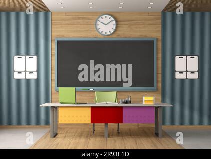 Modern classroom without students with blackboard and colorful teacher's desk - 3d rendering Stock Photo