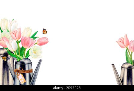 Watercolour drawn pictire of metal watering cans with beautiful white and pink tulip flower bouquets in them, butterfly and name tag on white Stock Photo