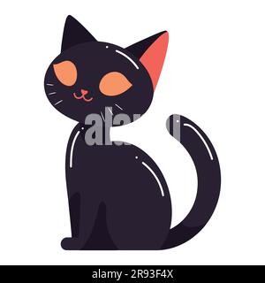 Hand Drawn cute black cat in flat style isolated on background Stock Vector