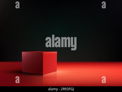 3D realistic red box podium stand minimal wall scene on black background minimal style. Product display for beauty cosmetic, studio room, showroom, sh Stock Vector