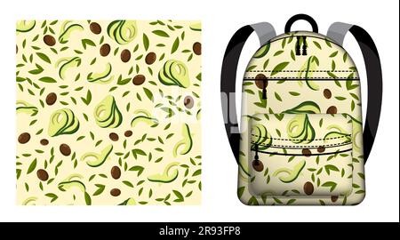 Children school backpack decorated Avocado fruit seamless pattern with leaves and seeds. Avocado wedges and slices. Vector ornament for design of post Stock Vector