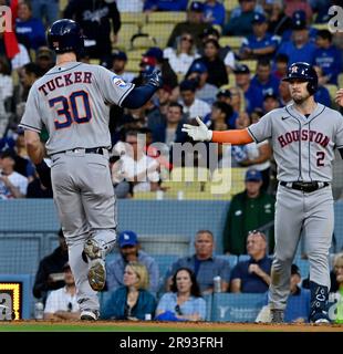 Los Angeles, United States. 23rd June, 2023. Houston Astros Kyle Tucker (30) is greeted by Alex Bragman (2) after hitting a solo home run off Los Angeles Dodgers starting pitcher Emmet Sheehan during the fourth inning at Dodger Stadium in Los Angeles on Friday, June 23, 2023. Photo by Jim Ruymen/UPI Credit: UPI/Alamy Live News Stock Photo