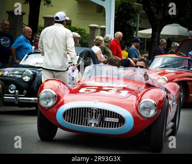 Pesaro , ITALY - jun 14 - 2023 : MASERATI A6 GCS 53 FANTUZZI 1955 on an old racing car in rally Mille Miglia 2023 the famous italian historical race ( Stock Photo