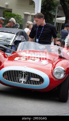 Pesaro , ITALY - jun 14 - 2023 : MASERATI A6 GCS 53 FANTUZZI 1955 on an old racing car in rally Mille Miglia 2023 the famous italian historical race ( Stock Photo