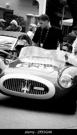 Pesaro , ITALY - jun 14 - 2023 : MASERATI A6 GCS 53 FANTUZZI 1955 on an old racing car in rally Mille Miglia 2023 the famous italian historical race ( Stock Photo