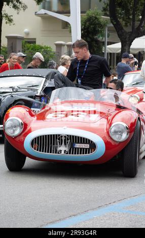 Pesaro , ITALY - jun 14 - 2023 : MASERATI A6 GCS 53 FANTUZZI 1955 on an old racing car in rally Mille Miglia 2023 the famous italian historical race ( Stock Photo