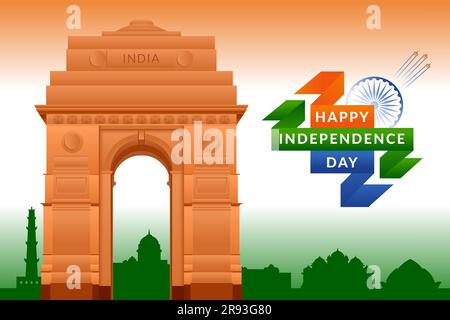 Independence day of India greeting with India Gate and Tricolor background. 15th August template for website and social media. Stock Vector