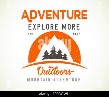 Adventure explore more, vintage print design for t-shirt. Mountains on sun with pinewood, camp logo. Vector retro illustration Stock Vector