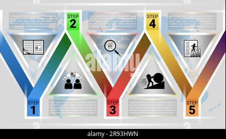 triangle infographic template with diagram 5 steps with a description box and a global map behind it. Stock Vector