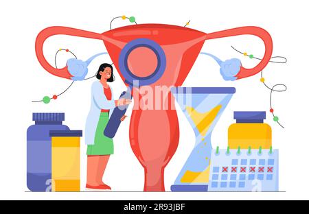 Woman with loupe examining uterus concept Stock Vector